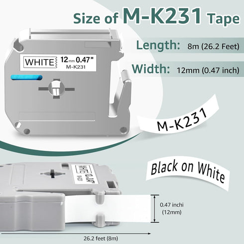 GREENCYCLE 2 Pack Compatible for Brother P Touch M Tape M231, 12mm, Black on White Label Refills