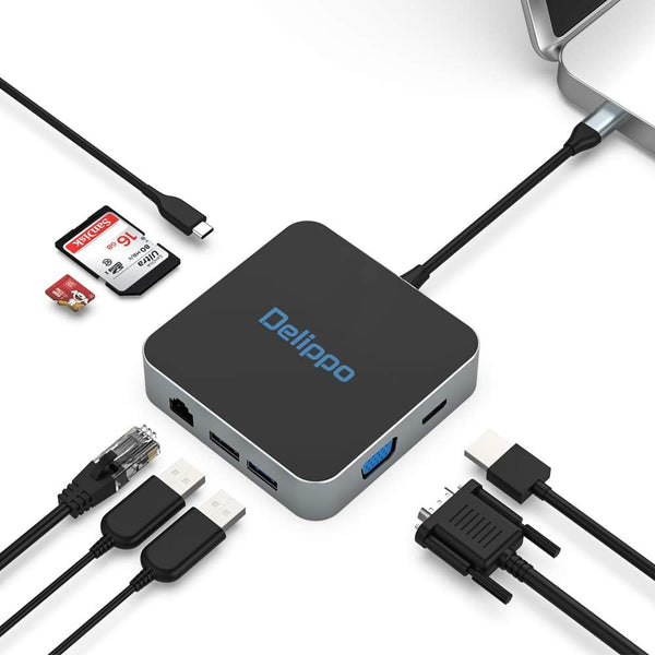 Delippo USB C Hub Docking Solution, 8 in 1 with Charger dongles Gigabit