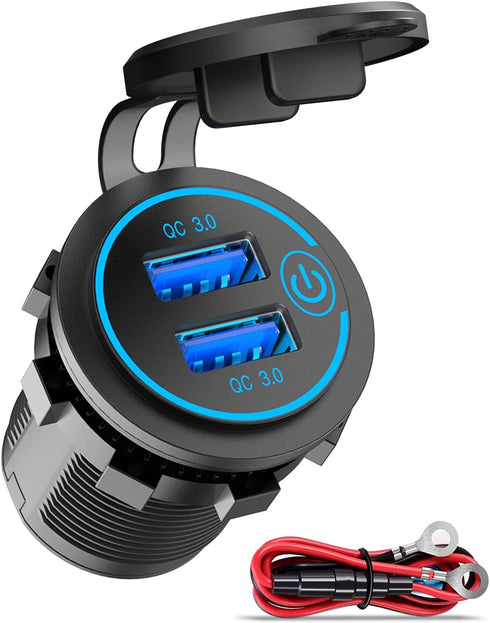 Qidoe 36W Dual QC3.0 USB Power Charger Socket, Waterproof 12V USB Outlet with Touch Switch for RV Motorcycle Boat
