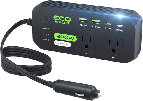 ecoBright 200W Car Power Inverter DC 12V to 110V AC, 30W USB-C &