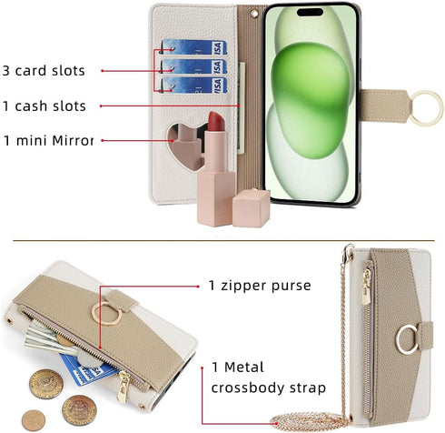 Asuwish Phone Case for iPhone 15 Plus 6.7 inch Wallet Cover with Screen Protector and Mirror Flip Cover Ring Card Holder Crossbody Strap Cell i-Phone 15+ iPhone15Plus 5G i i15 + iPhone15 15Plus White