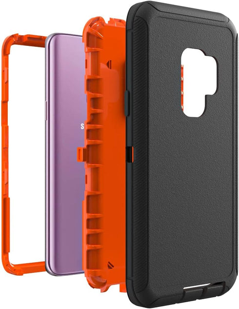 Heavy-Duty Case for Samsung Galaxy S9 Plus, Rugged Shockproof Drop Protective Cover - Black + Orange
