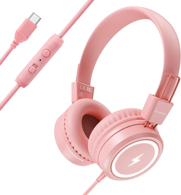 Bywulanda Kids Headphones with LED Lights for School, Upgrade USB Type C