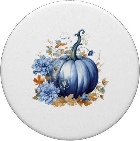 Blue Watercolor Pumpkin Fall Flowers Autumn PopSockets Standard PopGrip