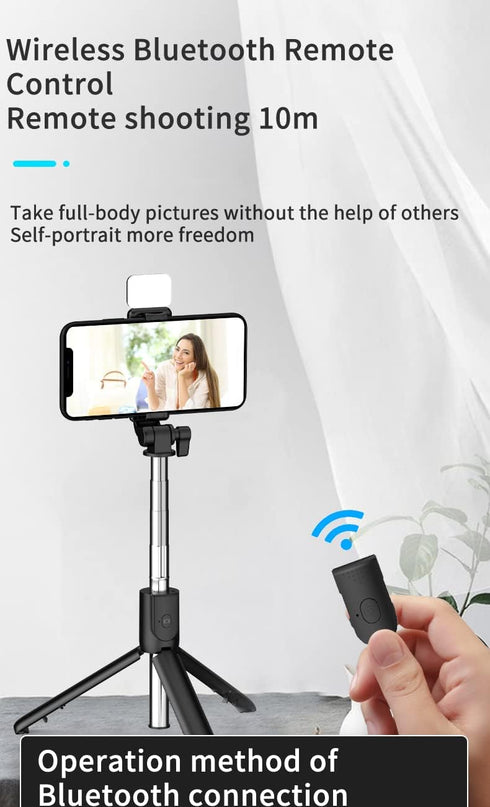 PINHEN 360 3 1 Selfie Stick Tripod with Light, Extendable Rotation Tripod Stand with Detachable Wireless Remote