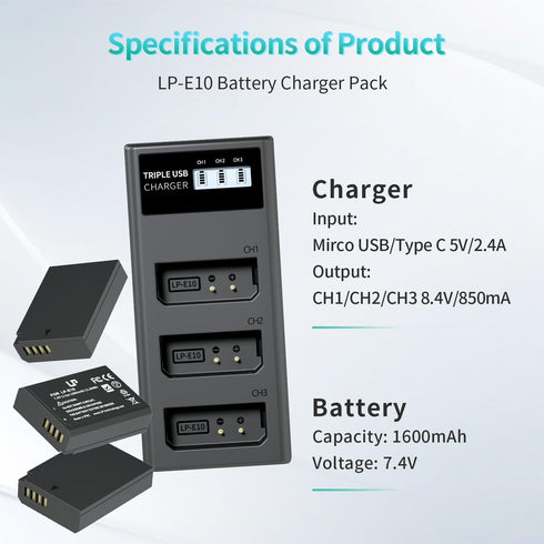 LP LP-E10 Battery Charger Pack, 3-Pack 1600mAh Replacement Battery, USB Charger for Canon EOS Rebel T7, T6, T5, T3