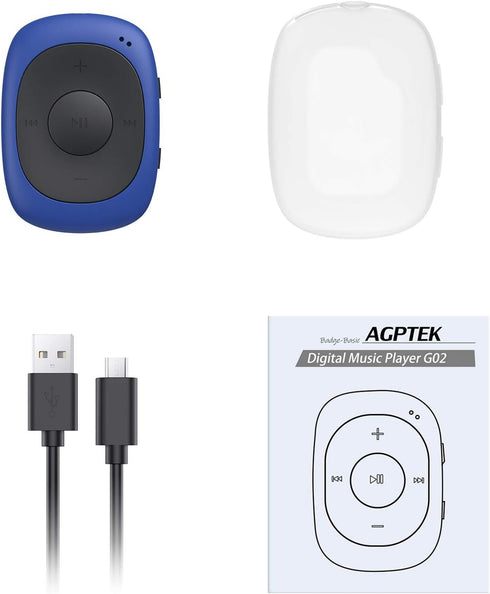 AGPTEK G02 8GB MP3 Clip Player with FM Shuffle, Portable Music Player with Sweatproof Silicone Case for Sports, Blue