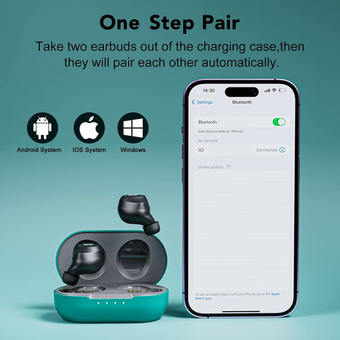 X9 Wireless Earbuds, Bluetooth 5.3 Waterproof Stereo Earphones with Touch Control and Microphone, Deep Bass, Green-Gray