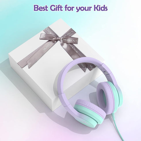 Gradient Purple Kids Headphones - Wired Over Ear with Microphone, 85/94dB Volume Limiter, Foldable, Sharing Jack.