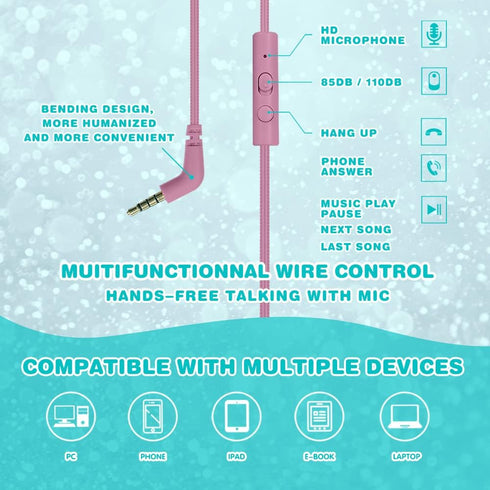 Volume Limited 85/96dB Kids Headphone Over-Ear/On-Ear Foldable Sound Noise Protection Headset with Mic (Cyan)