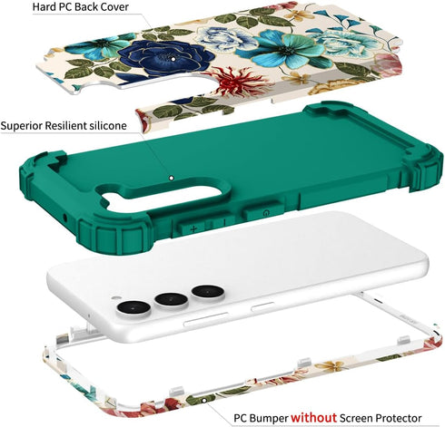 Hocase for Galaxy S24 Case, Shockproof Heavy Duty Protection Hybrid Case for Samsung Galaxy S24 5G - Teal Flowers