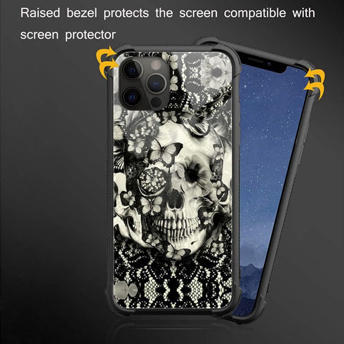 ZHEGAILIAN Victorian Gothic Lace Skull Case for iPhone 13 Pro Max, Tempered Glass Back + Soft Silicone TPU Protection