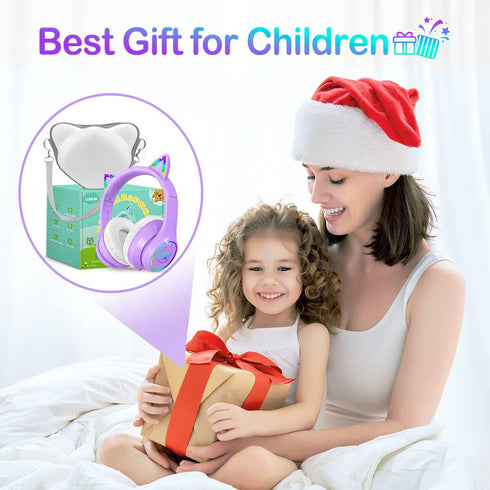 LOBKIN Bluetooth 5.3 Kids Headphones with Case - Foldable Adjustable Over Ear Headphones with RGB LED Cat Ears