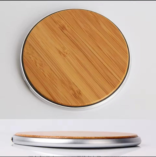 Generic Wireless Charging Pad with Bamboo Top Surface, Silver Frame, No Cable