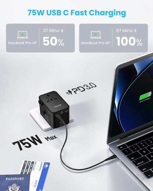 VINTAR 75W GaN Universal Travel Adapter with 3 USB C PD and 2 USB A QC, All in One Travel Essentials for Worldwide Use