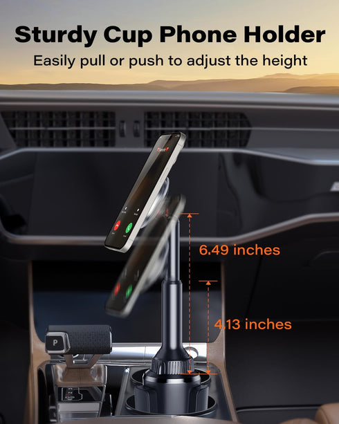 OQTIQ 360 3"-4" 12-17 Phone Cup Holder for Car Mount Compatible with MagSafe, Quick Extension Long Arm and Rotation