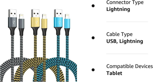 Apple MFi Certified 10FT iPhone Charger 3 Pack - Fast Charging Nylon Braided USB Lightning Cable for iPhone