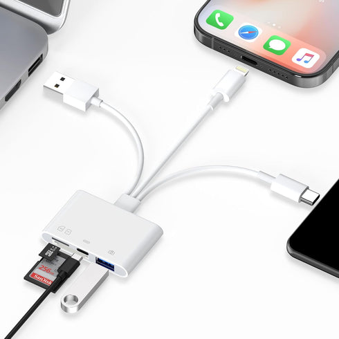 SD Card Reader for iPhone/iPad - Lightning+Type C(Data)+USB A Connector to SD/TF Card Reader, 4-in-1