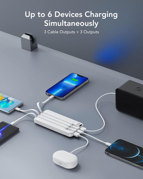 Portable Charger with Built-in Cables, Slim 10000mAh Travel Battery Pack, 6 Outputs 3 Inputs 3A Fast Charging