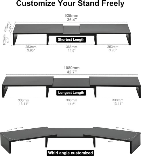 FITUEYES Dual Monitor Stand - 3 Shelf Computer Monitor Riser, Adjustable Wood Desktop Stand for Office Supplies, Medium