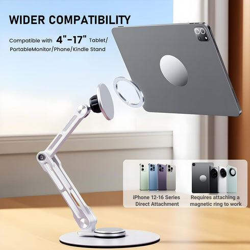 Msounehna 360 Magnetic iPad Stand for Desk, Foldable Aluminum Alloy Tablet Holder with Adjustable Base | Ergonomic