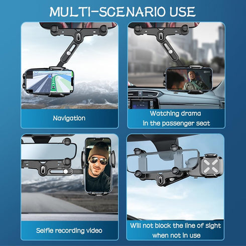 Rear View Mirror Phone Holder, 360° Rotatable + Retractable Universal Multifunctional Phone Mount for All Cars