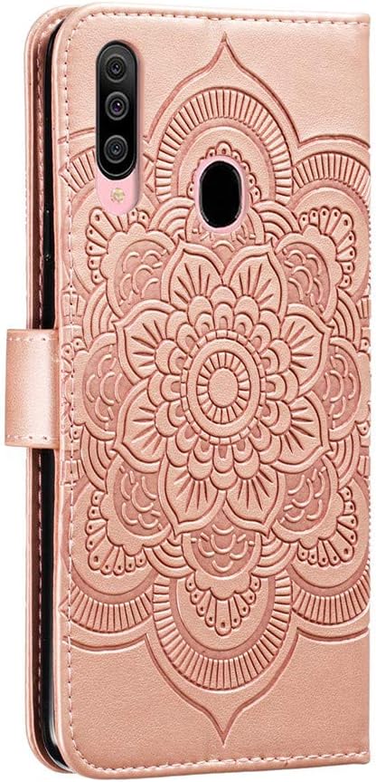 Samsung Galaxy A20S Case, Stylish PU Leather Wallet with Stand, Credit Card Slot, Shockproof Flip, Rose Gold Sunflower