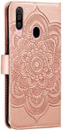 Samsung Galaxy A20S Case, Stylish PU Leather Wallet with Stand, Credit Card Slot, Shockproof Flip, Rose Gold Sunflower