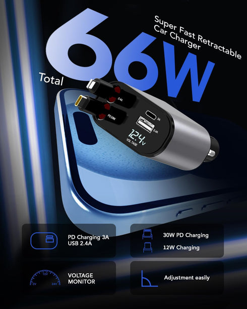 Retractable Car Charger, 4 in 1 Fast 66W Phone Charger with 2 Retractable Cables and USB Car Charger