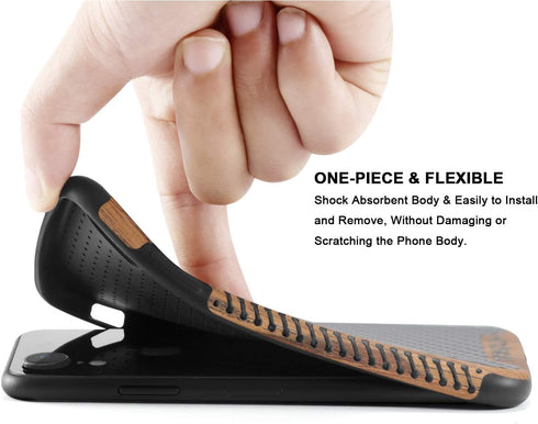 TENDLIN Compatible iPhone XR Case, Wood Grain with Carbon Fiber Texture Design, Black Leather Hybrid Slim Case