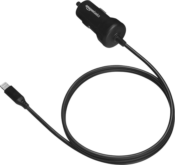 Amazon Basics 12W Car Charger with Lightning Cable (Straight) for iPhone and Apple Devices, 3 ft - Black