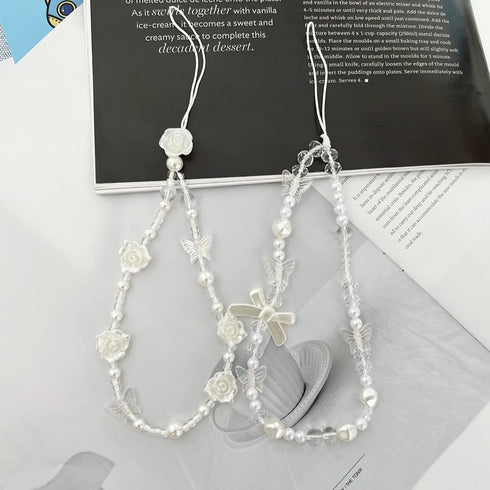 White Mobile Phone Lanyard, Universal Phone Chain with Black Bow and White Pearl Beads, Anti-Lost Strap