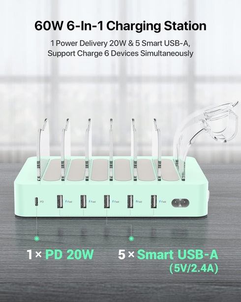 SooPii 60W/12A 6-Port Charging Station - PD 20W USB C Fast Charging for iPhone 14/13/12, 6 Short Cables Included