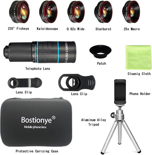 Phone Camera Lens Kit 10 in 1 for iPhone, Samsung, Android, 22X Telephoto, 0.62X Wide Angle, Macro, Black