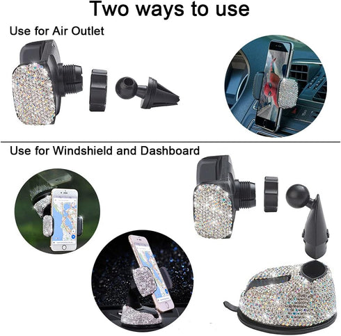 SUNCARACCL Bling Car Phone Holder, 360° Adjustable Rhinestone Crystal Auto Phone Mount for Windshield, Dashboard & Air