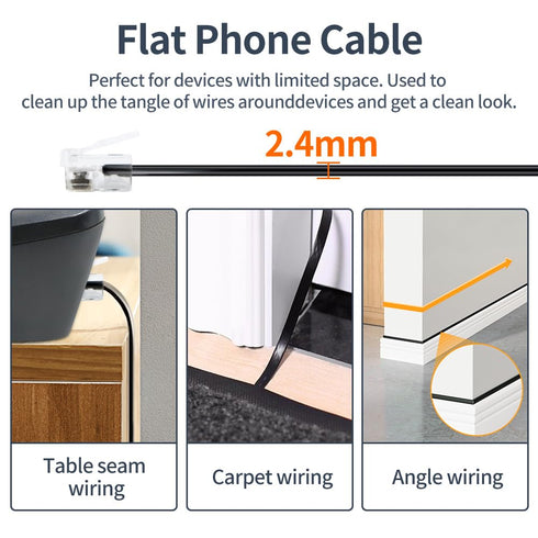 RJ12 Cable Short 1 Foot, 6P6C Connector Landline Phone Wire, Black, 2 Pack for In-Wall and Out-Wall Use