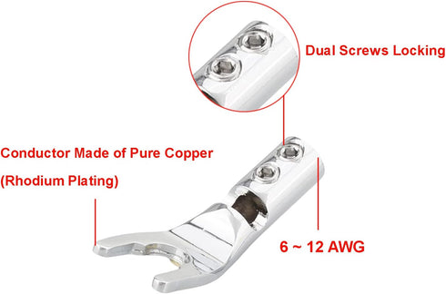 Viborg Pure Copper Speaker Spade Plug, Screw Locking Speaker Wire Connector, Fork Y Spade Lugs with Allen Wrench for Speaker Wire DIY 4PCS (Rhodium Plated with Heat Shrink Tube) by Viborg