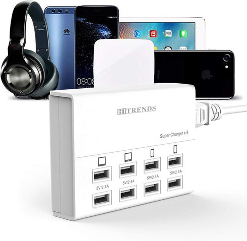 USB Charger, HITRENDS 8 Ports Charging Station 60W/12A Multi Port USB Charging Hub for Multiple Devices (5ft Cord, White)