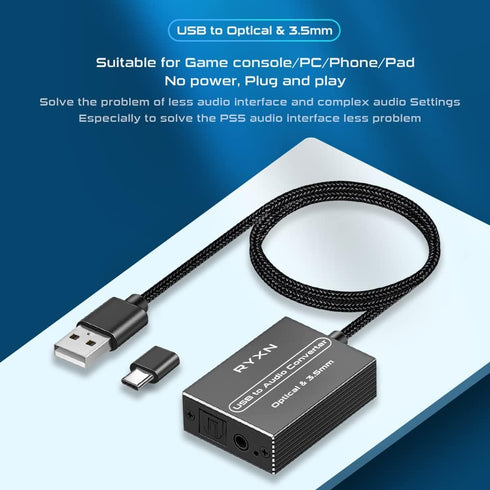 RYXN USB to Optical Spdif Toslink & 3.5mm Audio Adapter Converter, Supports USB-A & USB-C for PS5, PS4, Laptop
