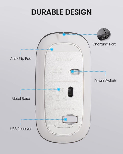 Rechargeable Bluetooth Mouse, Wireless (BT 5.1+2.4G) Silent Computer Mice for Laptop Desktop, MacBook, Windows, Mac OS