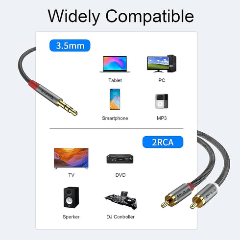 2RCA to 3.5mm Y Splitter, 1M 1/8 to RCA 2-Male Headphone Jack Auxiliary Cord for Smartphone, Tablet, HDTV
