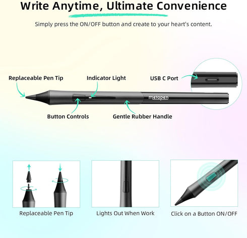 Metapen Pencil D1 for Apple iPad 10th/9th, Ergonomic Grip & Efficient Shortcuts, Stylus Pen for iPad Air 5, iPad Pro