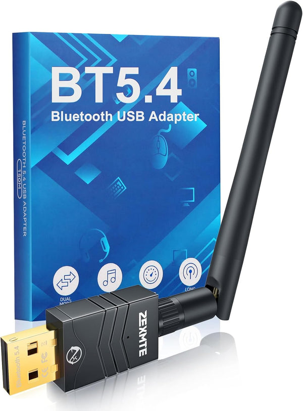 ZEXMTE 5.4 USB Bluetooth Adapter for PC, Long Range Bluetooth Adapter with High Gain Antenna, Plug & Play for Windows.