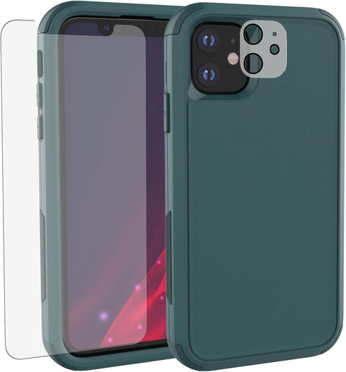 iPhone 11 Case with Screen Protector, Heavy Duty 3-Layer Shockproof Protection, Military Grade, Dark Green, 6.1"