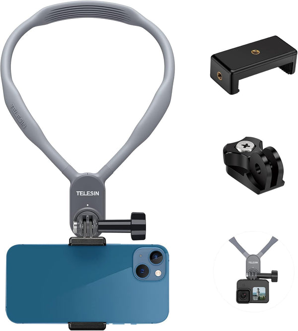 TELESIN Plus Magnetic Neck Mount with Phone Holder, Necklace Lanyard Strap for GoPro 12 11 10 9 8 Insta360 X3 X4 Ace