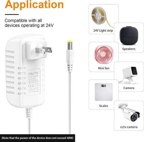 PAUTIX 24V DC Power Supply Adapter 2A 48W AC to DC Converter with 5.5 x 2.1mm US Plug for LED Strip, CCTV