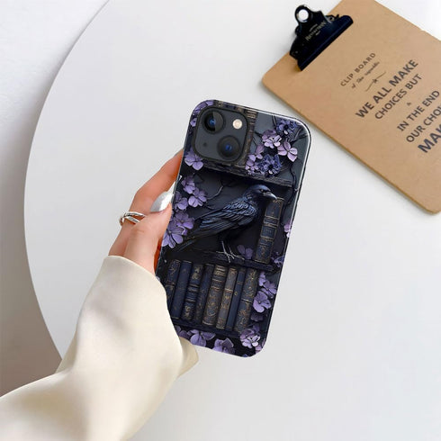 Generic 15 Case for iPhone - Slim Fit Anti-Scratch Phone Case for Girl Women - Purple Gothic Raven Bird Bookshelf