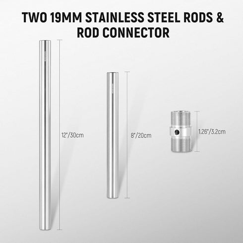 NEEWER Stainless Steel 19mm Support Rod Set - 8"/20cm and 12"/30cm Heavy Duty Rail Rods for Filmmaking