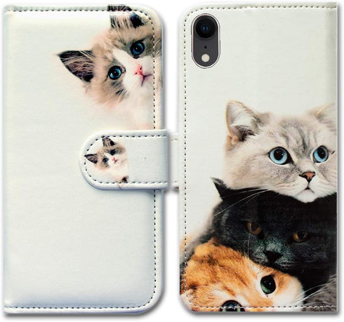 Bcov Cute Brown Cat Leather Flip Wallet Case for iPhone XR, Wallet Case Cover with Card Slot Holder Kickstand