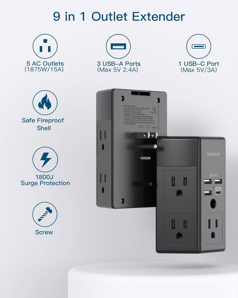 Surge Protector, 5 Outlets Extender with 4 USB Ports, 1800J Power Strip Multi Plug Outlet Expander, Black